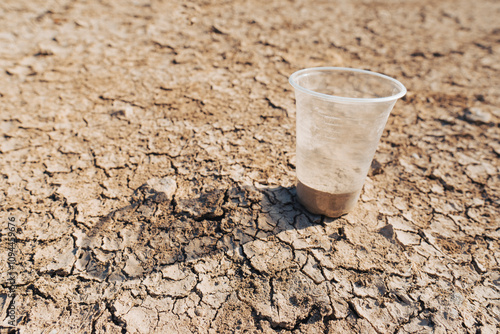 A plastic disposable cup filled with sand sits on the bottom of a dried-up lake on a sunny summer day. Conceptualizing the problem of climate change, drought and drying up of water bodies photo