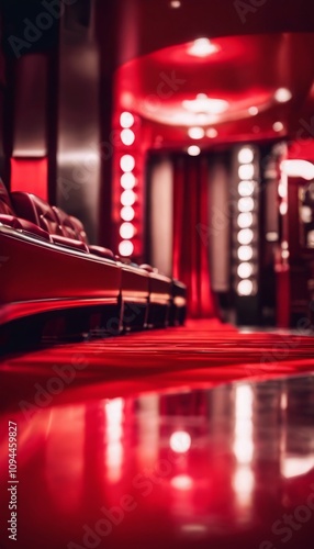 Luxurious cinema interior with plush red seating and ambient lighting reflecting on glossy floors photo