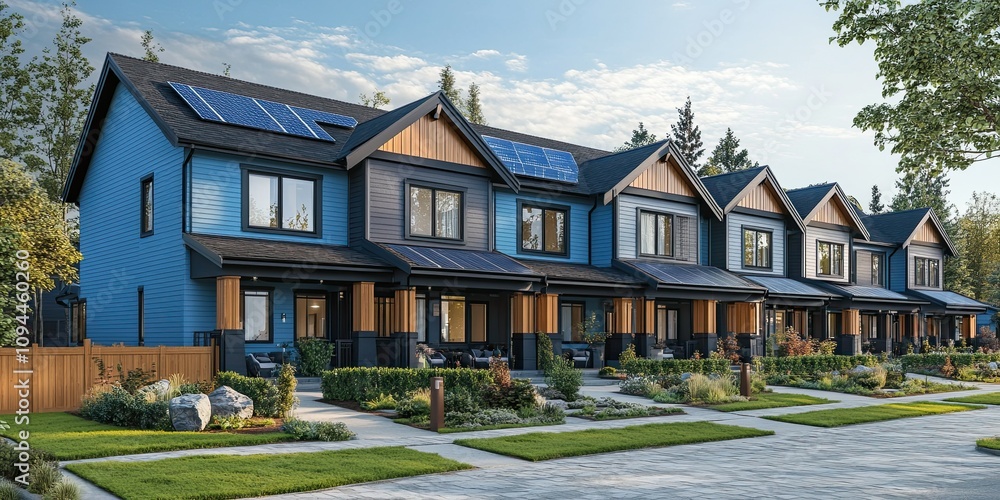 light blue and black modern townhouses with dormers window, solar panel technology and modern fences with paving stones light blue and black modern townhouses with dormers window, solar panel technology and modern fences with paving stones