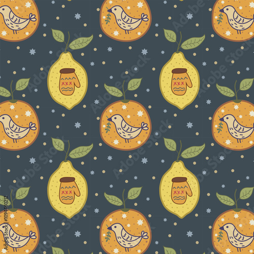 Rustic holiday pattern with hand-drawn oranges; lemons; birds, mittens, stars on muted blue-gray background. Warm seamless Christmas background in earthy tones for gift wrap, and festive designs.