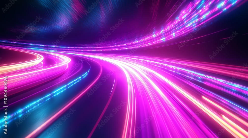 Vibrant digital neon lights on curved path Vibrant digital neon lights on curved path