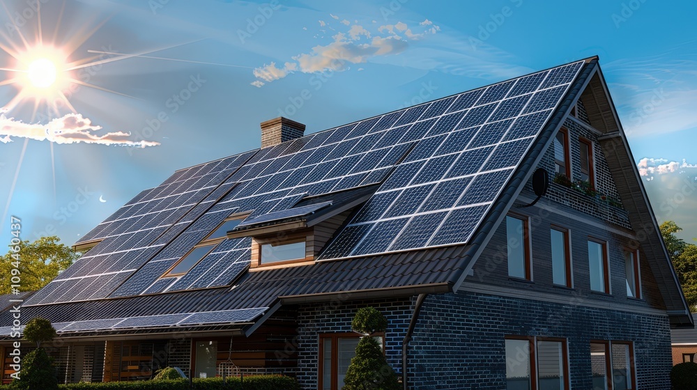 Fototapeta premium Modern House with Solar Panels and Clear Sky