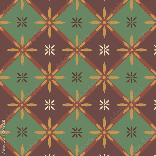 Wallpaper Mural Vintage plaid tile pattern with rosettes in dark brown dnd green Torontodigital.ca