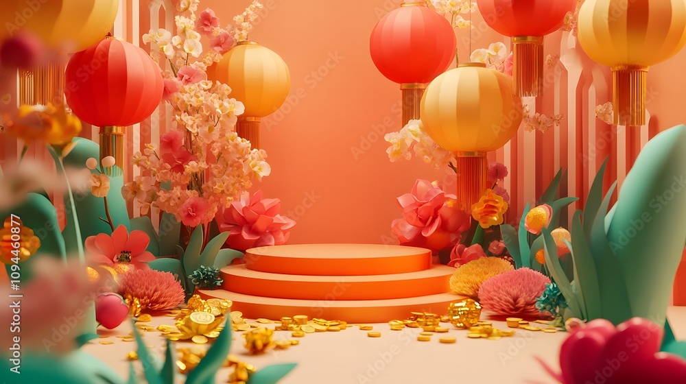 Fototapeta premium A festive, colorful Chinese New Year podium surrounded by paper lanterns, gold coins, and floral motifs, with plenty of space in the foreground for product showcasing.