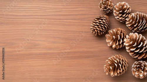 Pine cones resting elegantly on a rustic wooden surface, creating a cozy atmosphere perfect for holiday cheer and festive decorating ideas photo