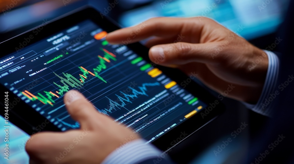 Close-up of hands using tablet displaying stock market data graphs and charts. Close-up of hands using tablet displaying stock market data graphs and charts.