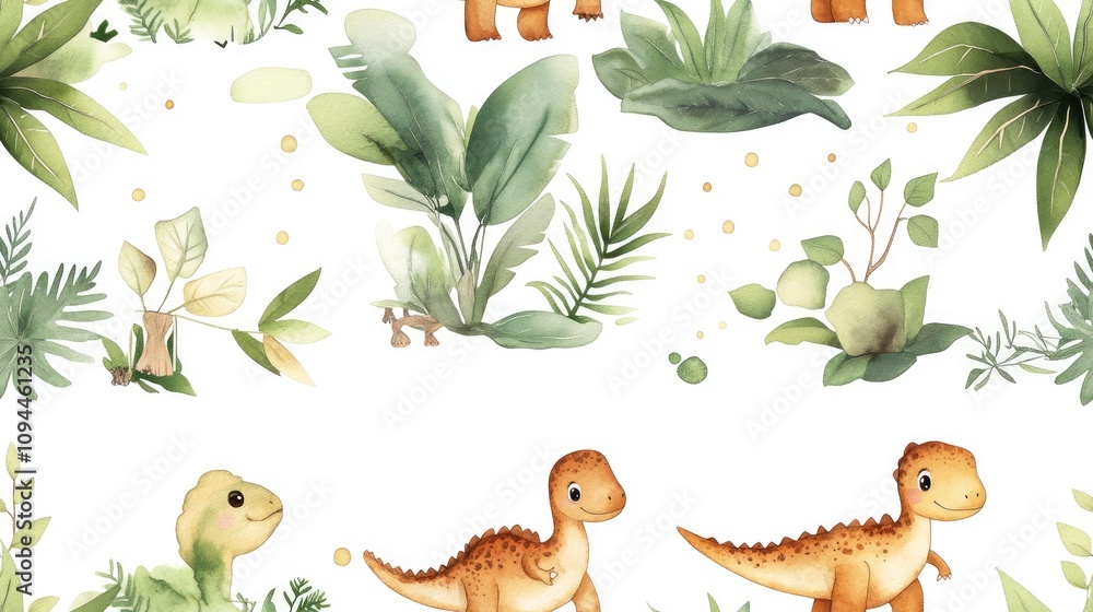 A whimsical illustration featuring cute dinosaurs and lush green plants on a white background. A whimsical illustration featuring cute dinosaurs and lush green plants on a white background.