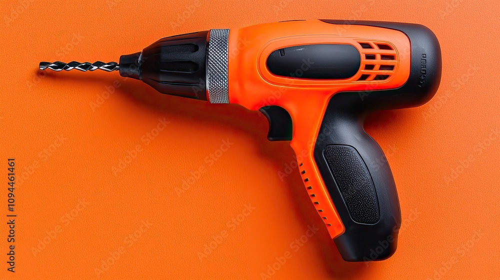 Orange and Black Cordless Drill with Twist Drill Bit on Orange Background Orange and Black Cordless Drill with Twist Drill Bit on Orange Background