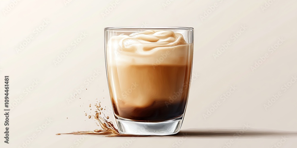 Close-up of a glass of coffee with whipped cream, with a splash of coffee on the table. Close-up of a glass of coffee with whipped cream, with a splash of coffee on the table.