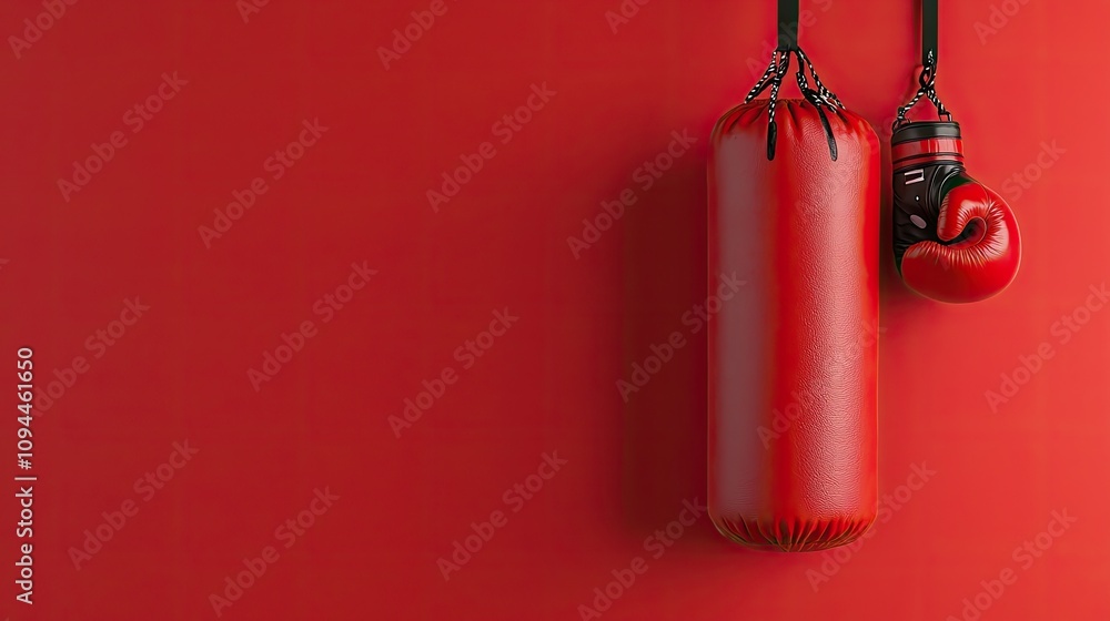 Red Boxing Punching Bag and Glove Hanging Against a Red Wall Red Boxing Punching Bag and Glove Hanging Against a Red Wall