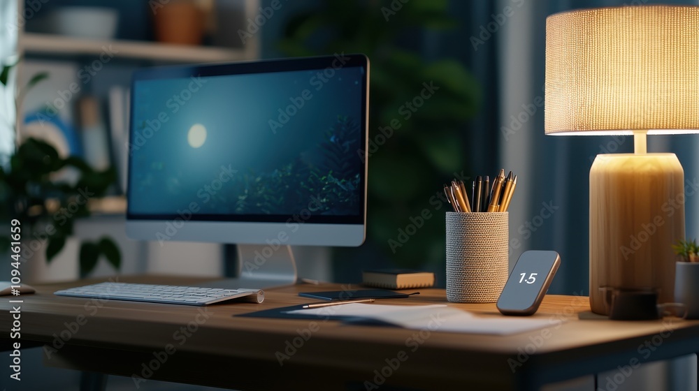 A cozy home office setup featuring a smart home hub on the desk A cozy home office setup featuring a smart home hub on the desk