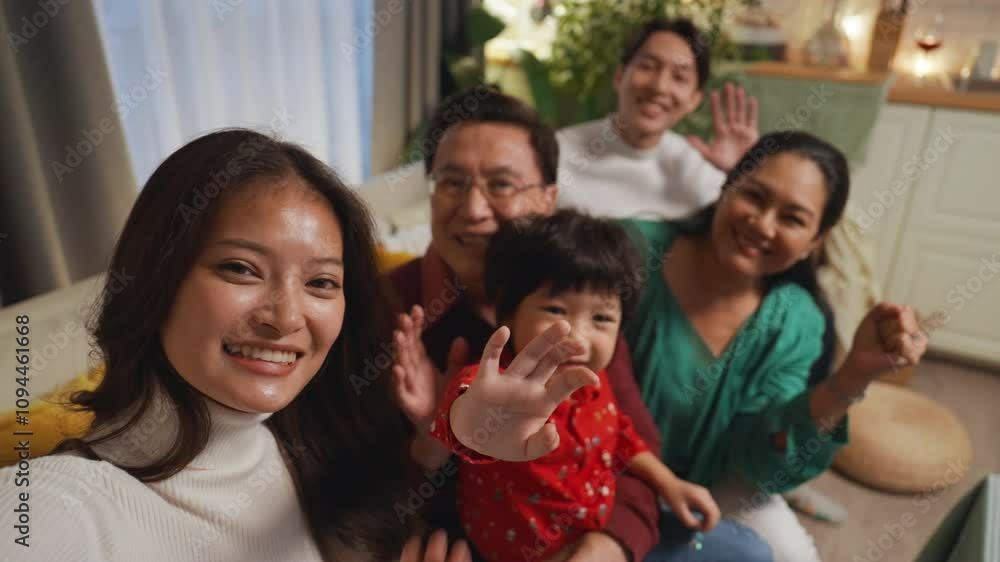 Slow motion Asian big family taking selfie together at home Slow motion Asian big family taking selfie together at home