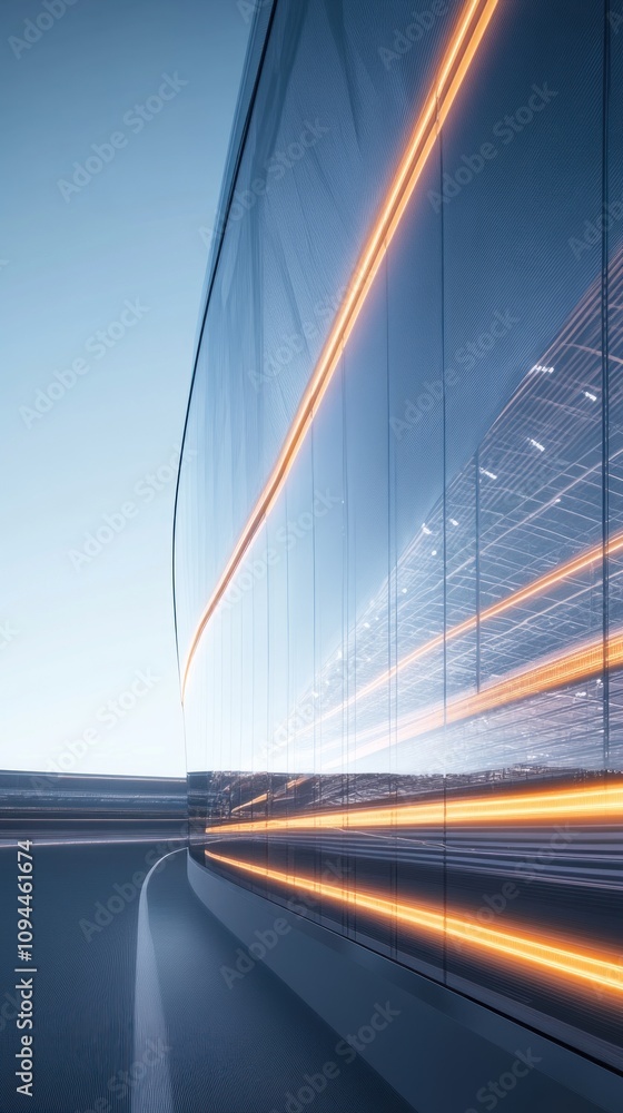 Obraz premium A sleek, modern building reflects light and motion, showcasing contemporary architecture.