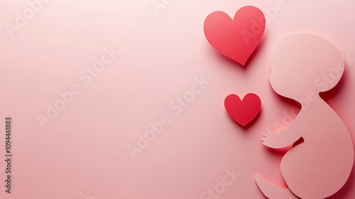 A pink background shows a paper cutout of a baby, with a red heart. Space is left for adding words.