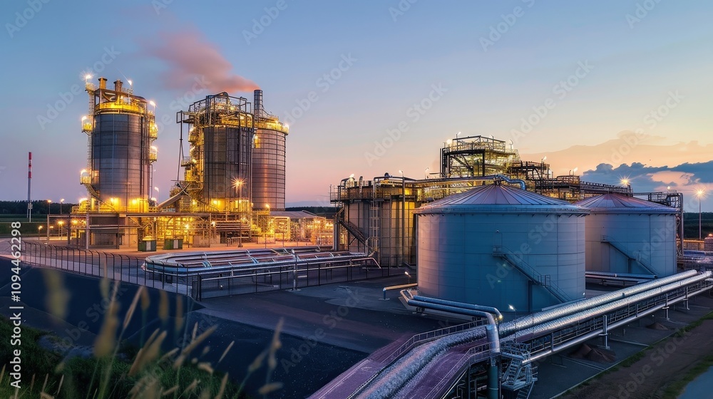 Obraz premium Industrial Complex at Sunset with Silos and Pipelines