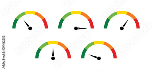 Speedometer icons with arrow. Dashboard with green, yellow and red indicators. tachometer. Low, medium, high and risk levels.