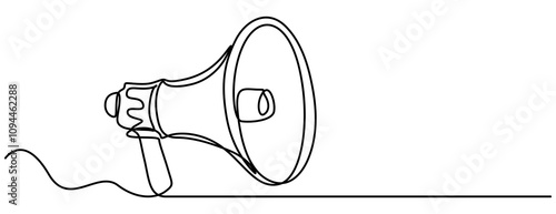Continuous one line drawing of horn speaker signs and symbol for announcement and employee hiring vector illustration. Pro vector, Public horn speaker in One continuous line drawing. Megaphone 
