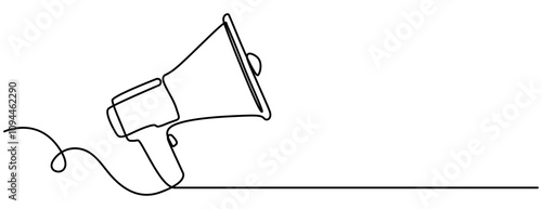 Continuous one line drawing of horn speaker signs and symbol for announcement and employee hiring vector illustration. Pro vector, Public horn speaker in One continuous line drawing. Megaphone 