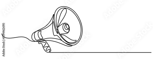 Continuous one line drawing of horn speaker signs and symbol for announcement and employee hiring vector illustration. Pro vector, Public horn speaker in One continuous line drawing. Megaphone 