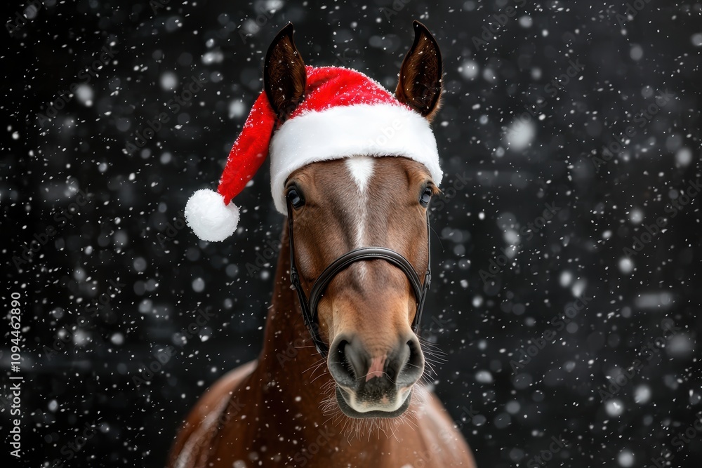 A horse wearing a Santa hat and a bridle A horse wearing a Santa hat and a bridle