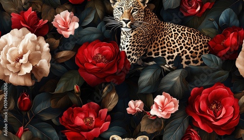 Fototapeta Naklejka Na Ścianę i Meble -  A lush floral pattern featuring leopards among vibrant roses and leaves.