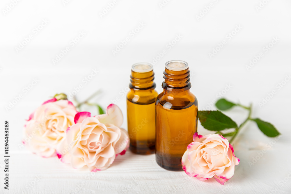 Rose essential oil on a textured background.Roses and a bottle of rose perfumed water.Aromatherapy treatment. Beauty concept. Spa procedure.Natural organic oil.Anti-stress,detox relax.Place for text Rose essential oil on a textured background.Roses and a bottle of rose perfumed water.Aromatherapy treatment. Beauty concept. Spa procedure.Natural organic oil.Anti-stress,detox relax.Place for text