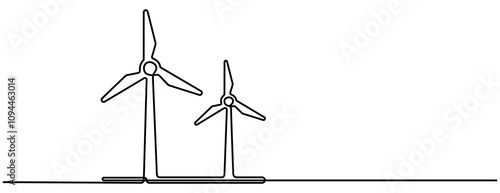 Wind Turbine Continuous Line Icon. Hilly landscape with wind farm turbines energy continuous one line icon drawing. Renewable source green energy concept vector illustration. Contour one line sign 