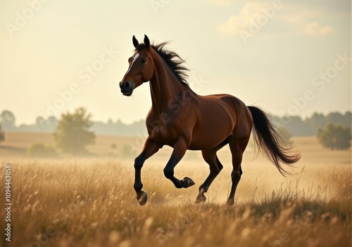 Brown horse gallops gracefully across a sunlit field during the golden hours of evening