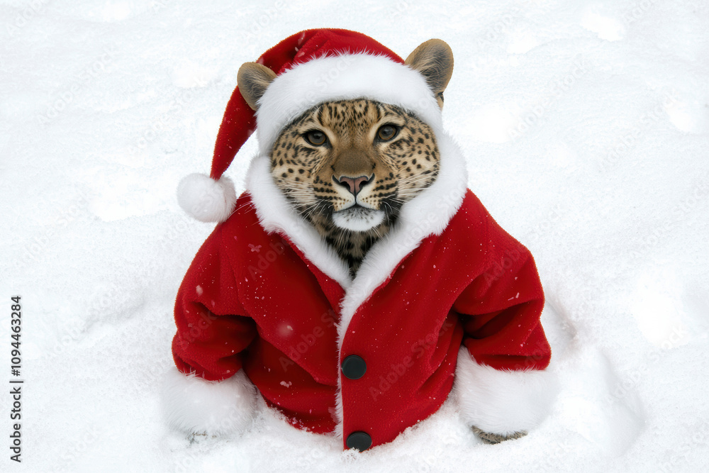 A cat wearing a Santa suit is sitting in the snow A cat wearing a Santa suit is sitting in the snow