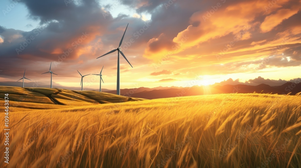 Obraz premium Scenic Landscape with Wind Turbines at Sunset