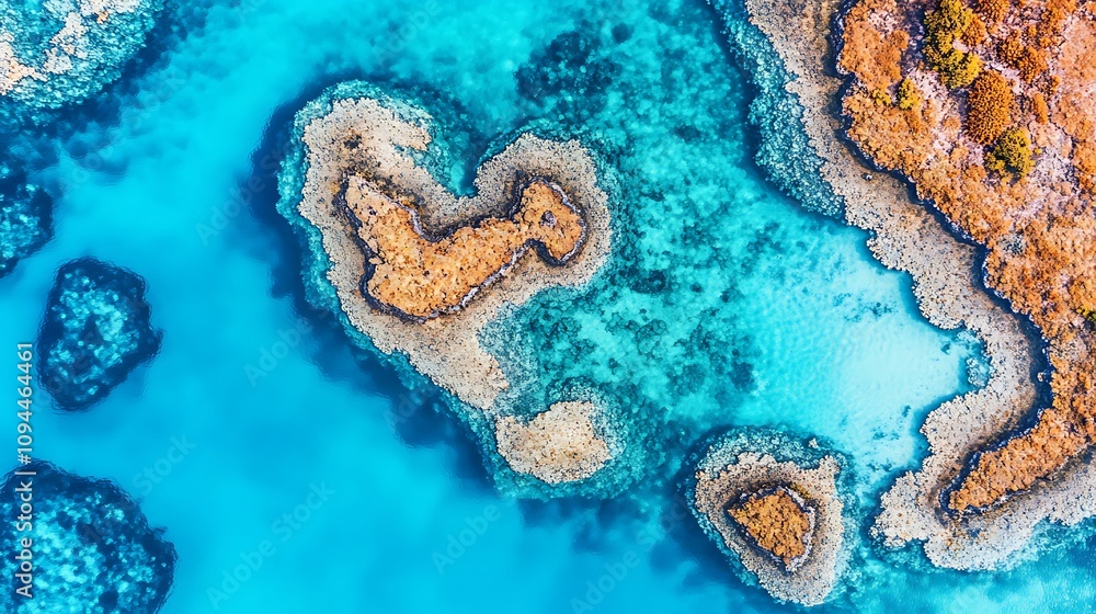 Obraz premium Aerial view of vibrant coral reefs and clear blue waters.