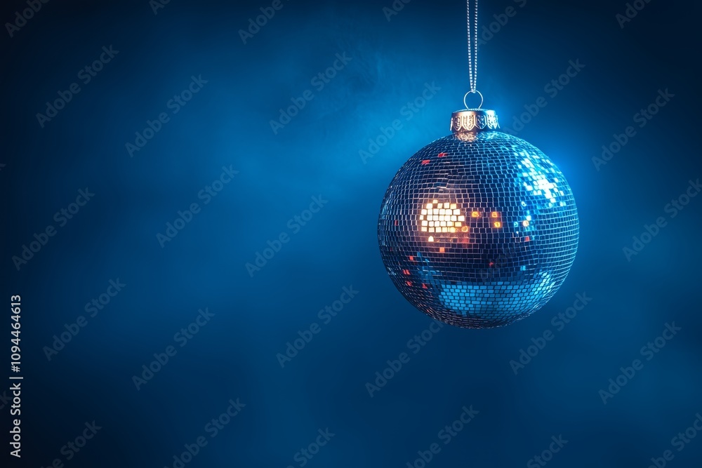 Fototapeta premium hanging discoball dark blue future dusk baubles on a dark blue background, representing the party. Web banner with copy space on the right. 
