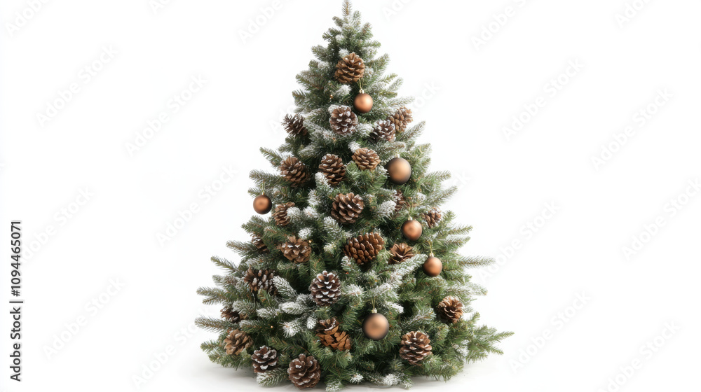 frosted Christmas tree, adorned with pinecones and copper ornaments, evokes feeling of cozy winter warmth frosted Christmas tree, adorned with pinecones and copper ornaments, evokes feeling of cozy winter warmth