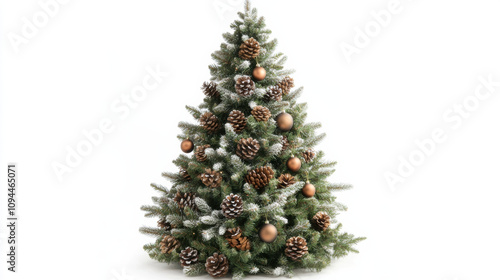 frosted Christmas tree, adorned with pinecones and copper ornaments, evokes feeling of cozy winter warmth