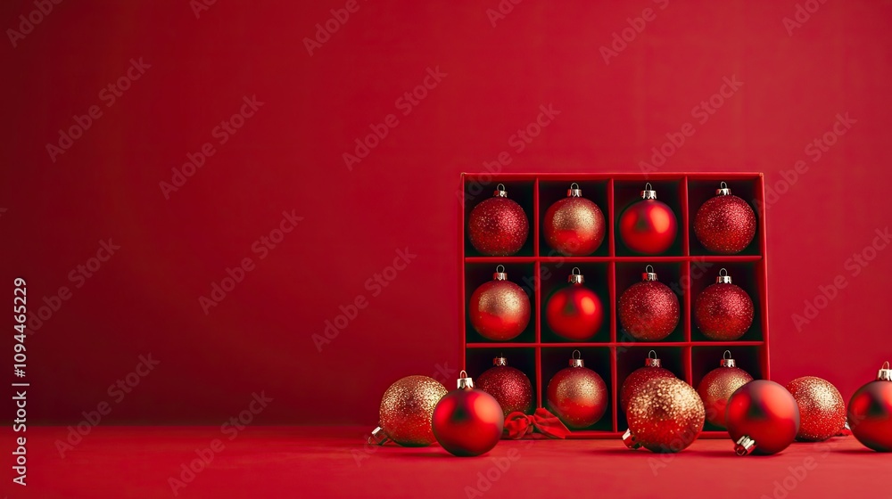 Red and Gold Christmas Ornaments in a Red Box on Red Background