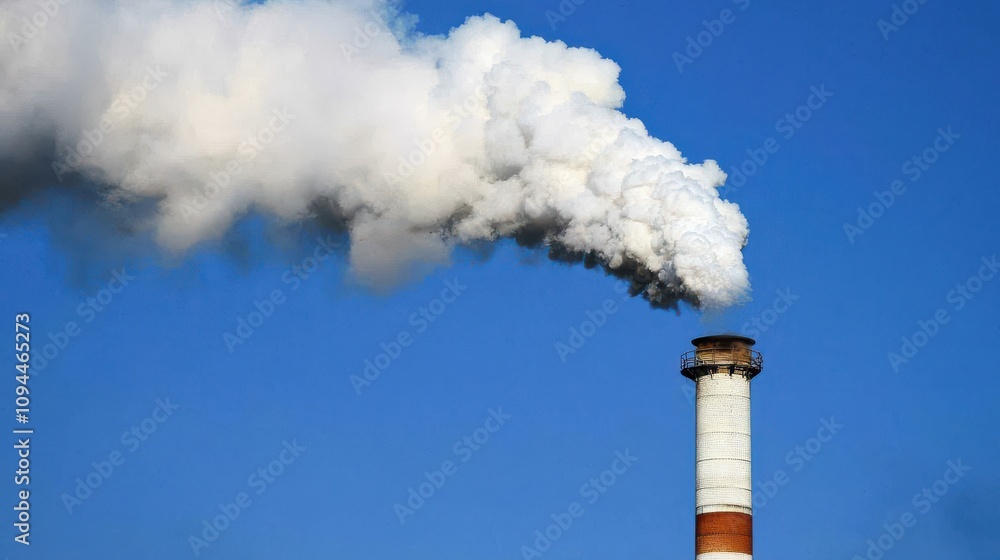 A tall smokestack emits white smoke against a clear blue sky, highlighting industrial activities and environmental concerns. A tall smokestack emits white smoke against a clear blue sky, highlighting industrial activities and environmental concerns.