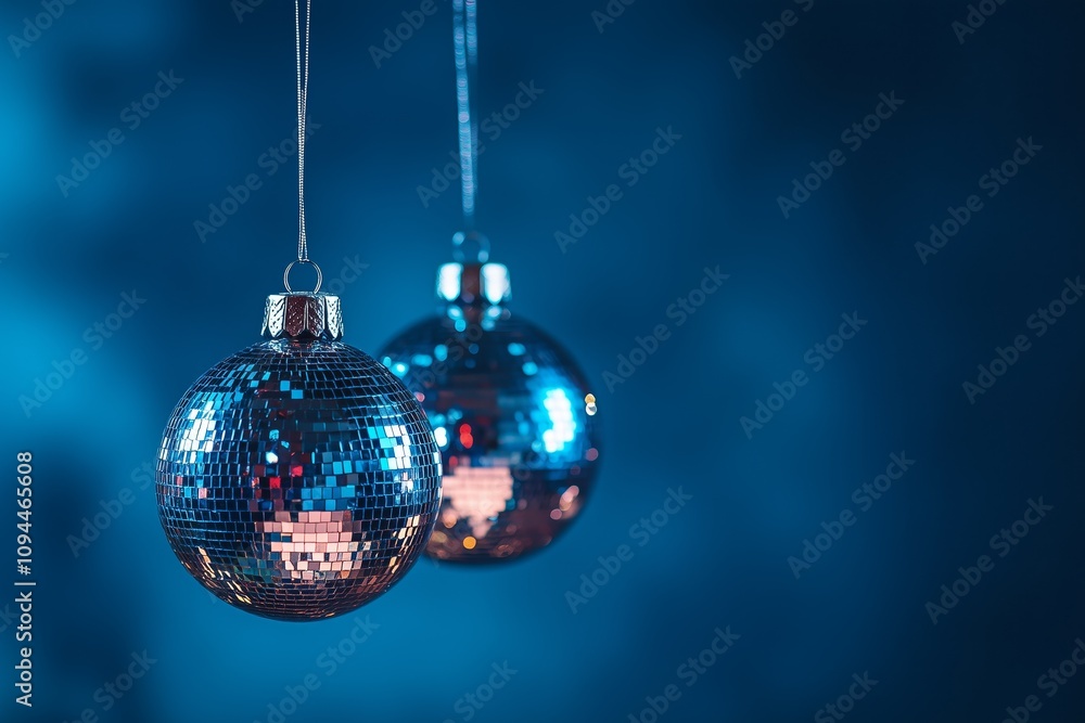 Fototapeta premium hanging discoball dark blue future dusk baubles on a dark blue background, representing the party. Web banner with copy space on the right.
