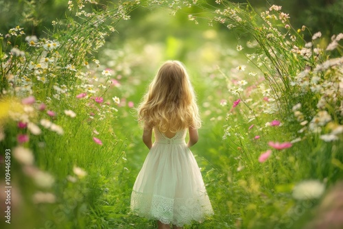 A child's journey through a whimsical flower garden, leading to magical futures filled with wonder, adventure, and endless possibilities This enchanting image captures the spirit of childhood dreams