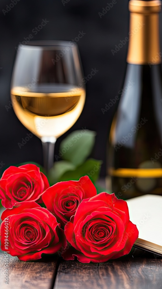 Romantic ambiance with red roses, wine, and an inviting notebook perfect for love notes and heartfelt messages Romantic ambiance with red roses, wine, and an inviting notebook perfect for love notes and heartfelt messages