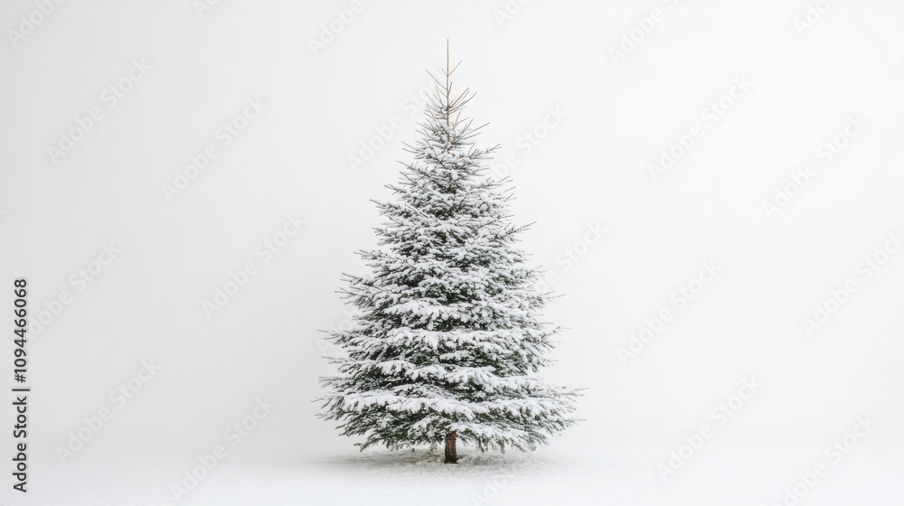 Serene snow covered Christmas tree, perfectly symmetrical, evokes winter peace Serene snow covered Christmas tree, perfectly symmetrical, evokes winter peace
