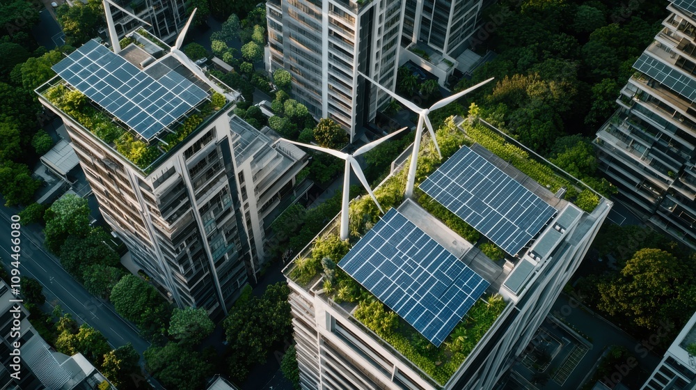 An aerial view of an eco-friendly urban complex with green roofs, solar panels, An aerial view of an eco-friendly urban complex with green roofs, solar panels,