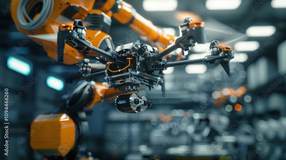 Fototapeta premium Advanced Robotic Arm Assembling Drone Components in High-Tech Factory Setting