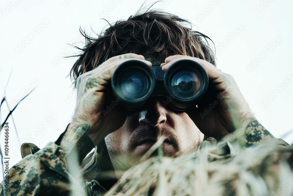 Fototapeta premium Camouflaged soldier using binoculars, observing.