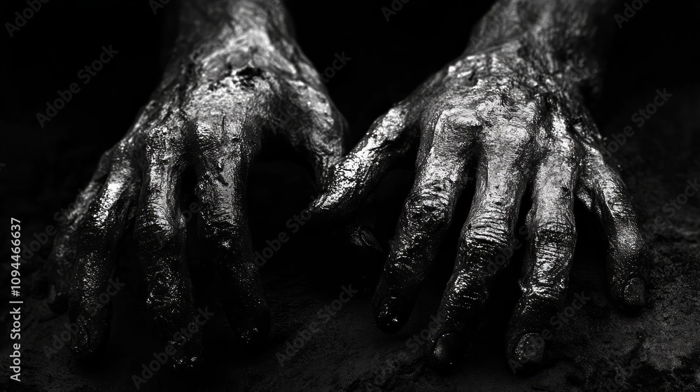 Close-up of two muddy, dirty hands resting on dark ground. Close-up of two muddy, dirty hands resting on dark ground.