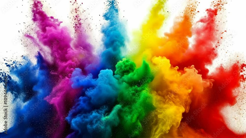 Vibrant explosion of colored powder creating a beautiful spectrum during a festive celebration in a bright setting Vibrant explosion of colored powder creating a beautiful spectrum during a festive celebration in a bright setting