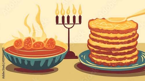 A clipart illustration of a Hanukkah feast, featuring a steaming bowl of soup, a stack of latkes, and a menorah in the background, warm colors and clean lines, a cozy and inviting design photo