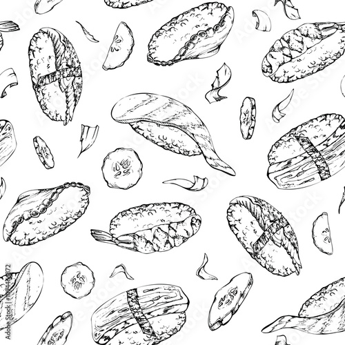 Traditional Japanese food, nigiri sushi with raw fish tuna salmon unagi shrimp, tamagoyaki tako octopus, hand drawn in vector pen, ink. Seamless pattern for restaurant, cafe menu, kitchen, recipe book