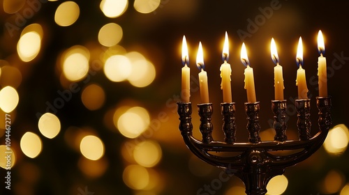 A traditional brass menorah with nine glowing Hanukkah candles, softly flickering, surrounded by a warm golden blur effect in the background, subtle bokeh lights resembling stars, soft ambient