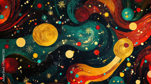 Joyful abstract Christmas swirls vibrant colors festive holiday winter celebration stars cosmos painting art abstract art swirling colorful teal gold red orange dark background texture design modern