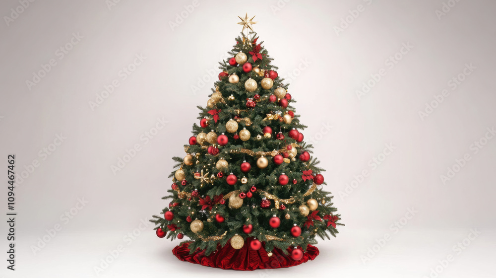 Joyful Christmas tree adorned with red and gold ornaments festive holiday spirit Joyful Christmas tree adorned with red and gold ornaments festive holiday spirit